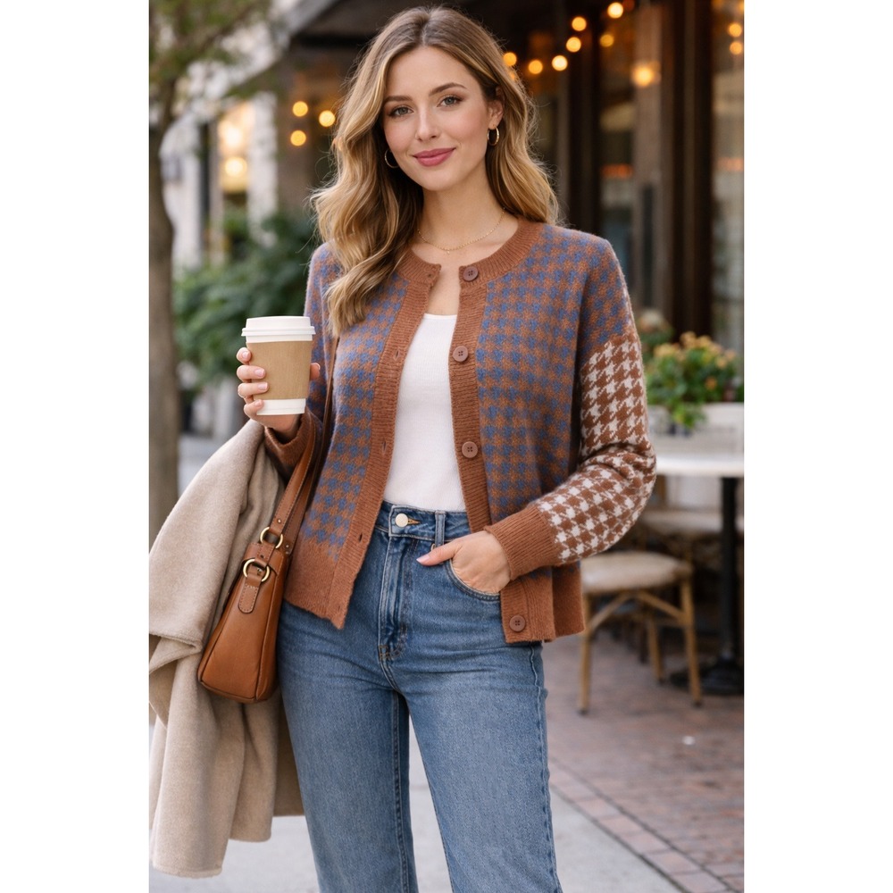 Brown & Blue Mixed Houndstooth Knit Cardigan Size L Cozy Soft Preppy Retro Fall